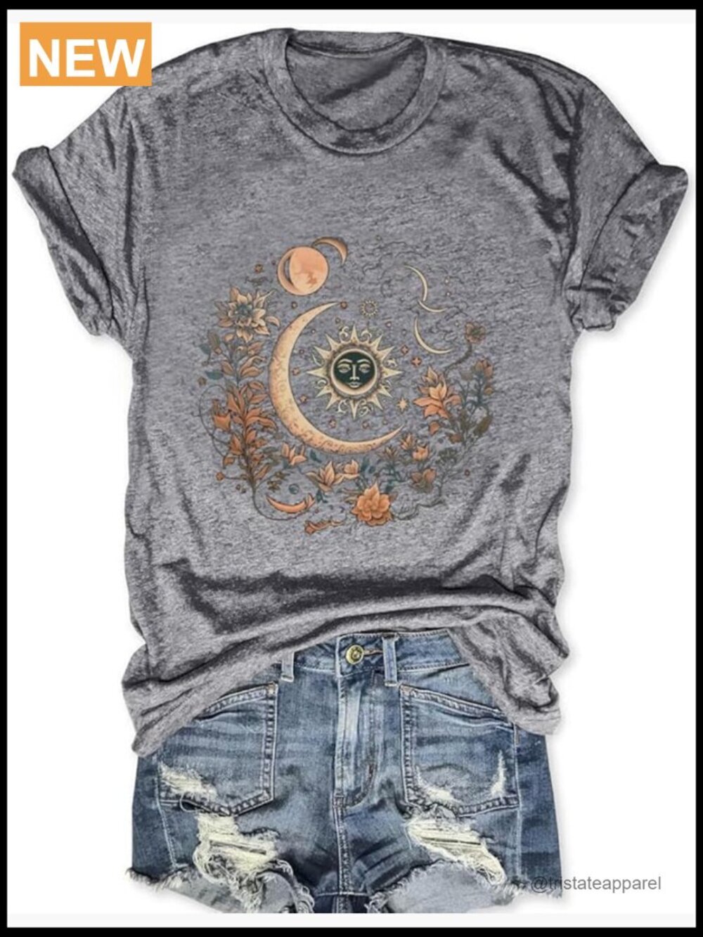 Boho Vintage Moon Sun Flower Graphic Tee Short Sleeve Blouse